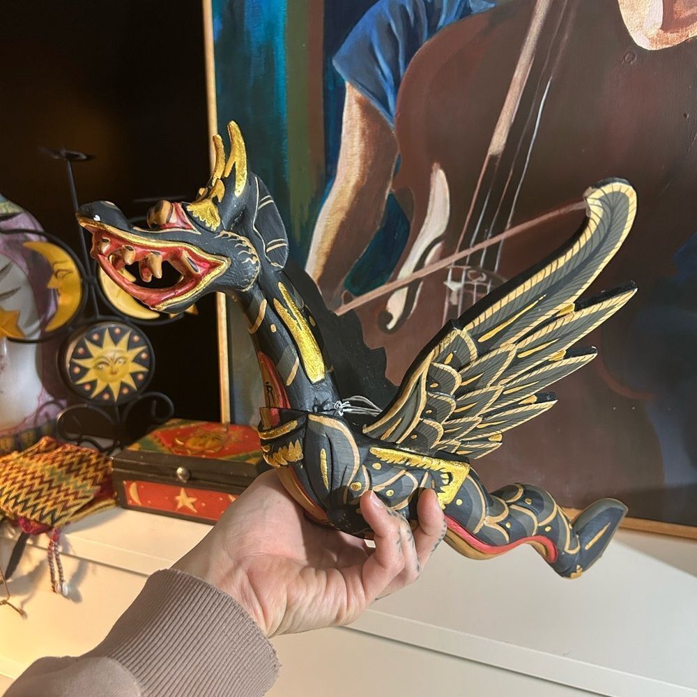 Vtg 90s Dragon Naga Flying Hanging 17" Green/Gold Handmade Wooden Bali Folkart - Picture 13 of 16